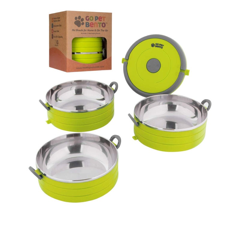 Healthy Human Travel Pet Bento Bowls - Human-Grade Stainless Steel & BPA-Free, Leak-Proof Water & Food Container Set for Dogs & Cats, 3-Pack Interlocking Bowls, Includes Spare Clips & Handle (Green) - Image 1